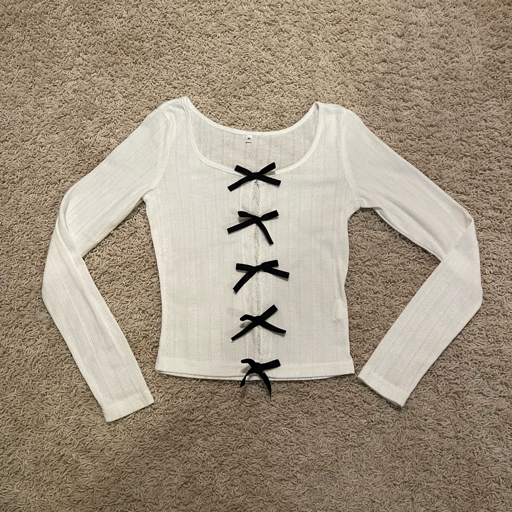 White Pointelle Bow Long Sleeve